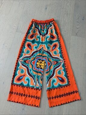 Zara Orange & Teal Embroidered Wide-Leg Pants